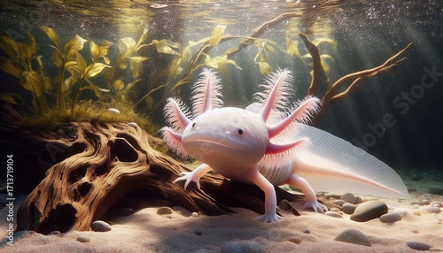 Adorable axolotl exploring underwater habitat with driftwood and plants in serene aquarium environment