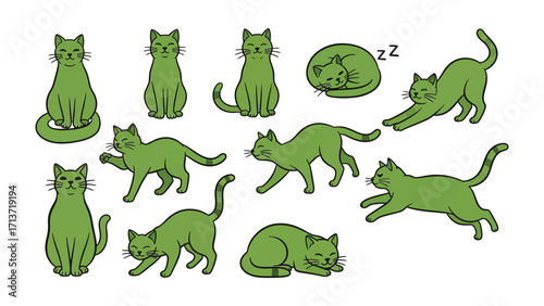 Whimsical Cats Collection: A delightful array of green cartoon cats in various playful poses and activities, showcasing feline charm and personality, a playful and creative graphic.