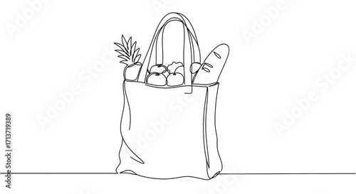 Line Drawing of Grocery Bag with Fruits Bread and Vegetables on White Background
