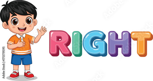 Cute little boy wearing orange shirt waving hand, colorful letters spelling right, happy child learning directions, educational kids illustration