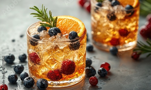 Refreshing fruit cocktails in glasses, garnished with rosemary and orange slices