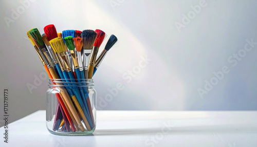 Artistic Array: An assortment of paintbrushes, each bristling with vibrant colors, rests within a clear glass jar, offering a glimpse into the painter's world.