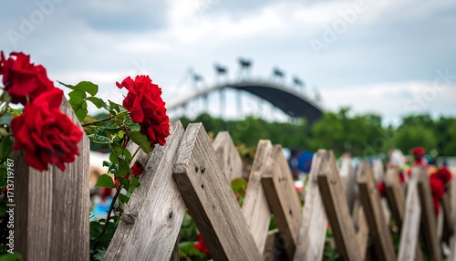 Fototapeta Naklejka Na Ścianę i Meble -  Red roses climbing a weathered wooden fence, with a bridge in the background