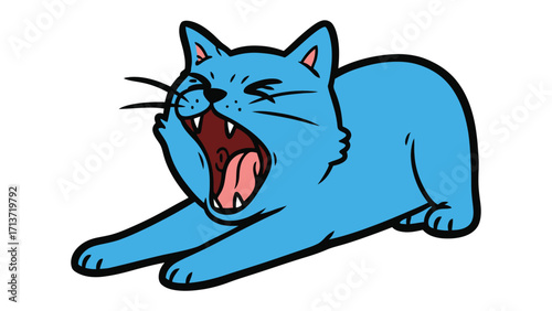 Yawning blue cat: A cartoon cat with vibrant blue fur yawns widely, revealing its mouth and teeth, and extending its paws. A cheerful representation. 