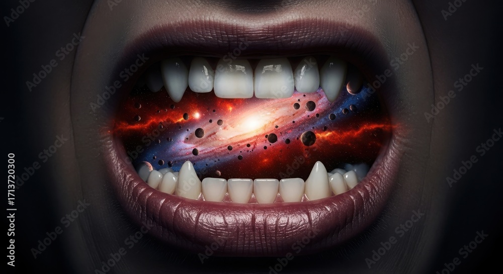 Fototapeta premium Cosmic mouth galaxy open jaw with stars and nebula surreal horror imagery