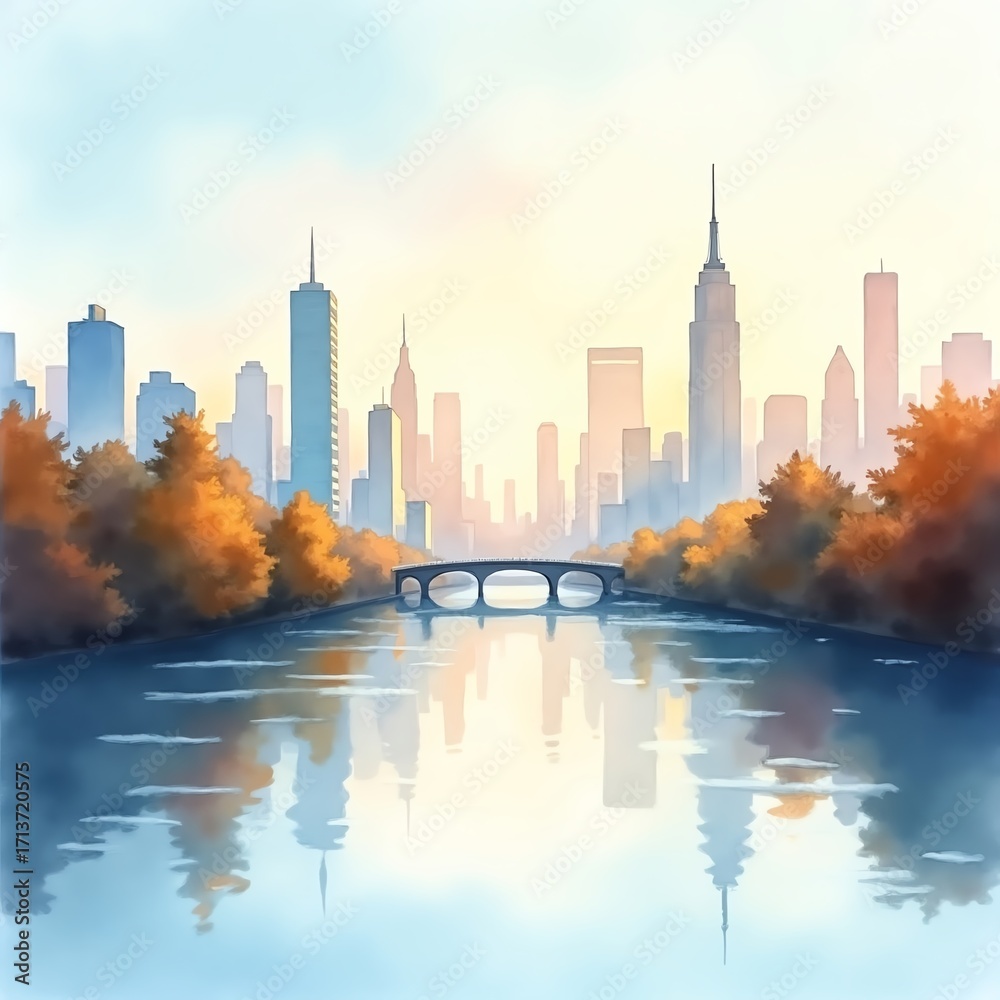 Fototapeta premium A stunning cityscape featuring a vibrant skyline reflected on a tranquil river, surrounded by autumn foliage and bathed in soft, warm light during the golden hour.