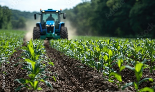 A tractor works a field of young corn plants