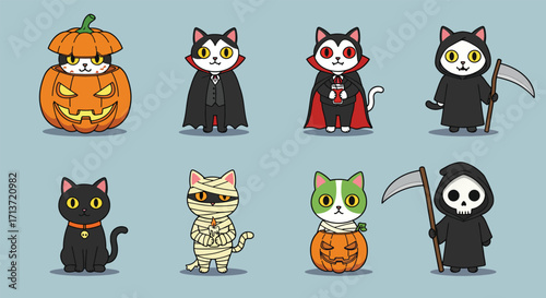 Adorable Halloween Cats in Costumes Illustration.