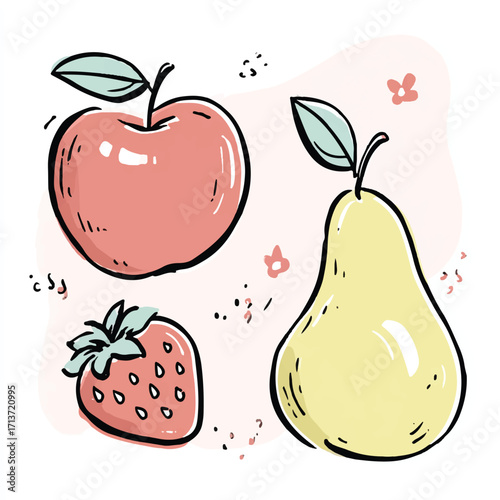 Cartoon illustration featuring a fresh apple a juicy pear and a sweet strawberry on a pastel background
