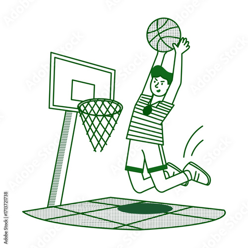 Hand drawn style illustration showing a basketball dunk player
