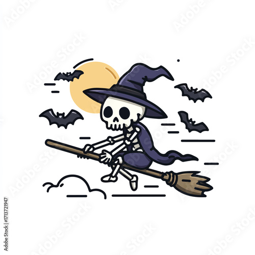 Cartoon Skeleton Witch Flying on Broomstick with Bats Against Full Moon in Spooky Halloween Night
