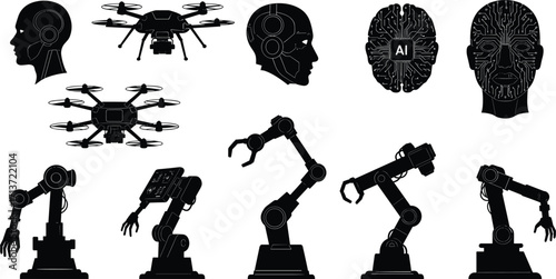 Artificial intelligence technology illustration with human head, drone, AI brain, and industrial robotic arms for futuristic innovation conce