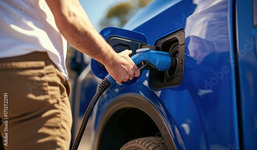 Close-up of man's hand plugging in blue electric car charging station with blue modern electric vehicle open door background creating concept copy space public charging network