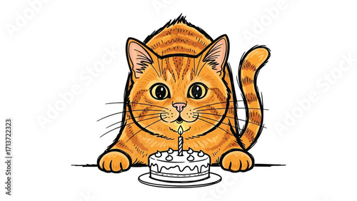 Birthday Cat Celebration: A cartoon cat prepares to celebrate its birthday with a cake, one candle of which is lit, creating a charming and cheerful atmosphere. 