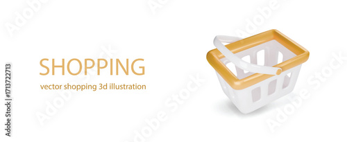 Shopping Basket. Empty shopping cart. 3D white Retail Basket isolated Icon for Ecommerce, Grocery store Vector Illustration
