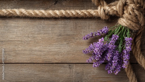 Lavender sprigs nestled amidst rustic rope on wood
