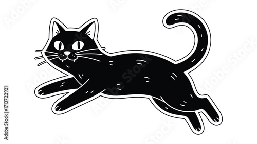 Black Cat Illustration: A sleek black cat gracefully leaps through the air in a bold illustration, embodying playful energy and feline elegance.