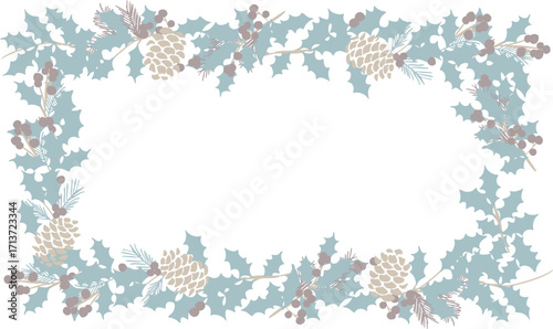 ヒイラギのベクターイラスト。クリスマスリースと松ぼっくりのフレーム。クリスマスの装飾ベクターフレーム。Holly illustration. Christmas wreath and pine cone frame. Christmas decoration frame