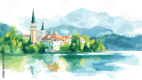 Lake Bled. Lake Bled watercolor vector illustration