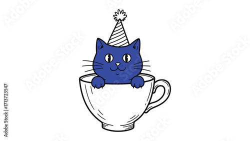 Party cat in a teacup: A playful and whimsical illustration of a blue cat, adorned with a party hat, nestled snugly within a giant teacup.