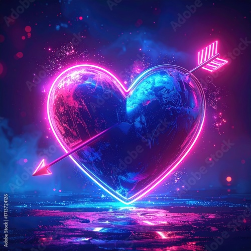 Heart-shaped Earth, neon glow, love arrow