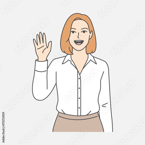 Illustration of a smiling woman waving hands in formal attire