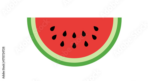 A vibrant, half-moon slice of fresh watermelon with red pulp, black seeds, and a green rind, presented as a simple graphic illustration.