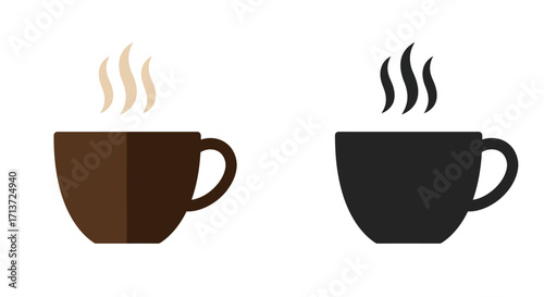 Two stylized coffee cups, one brown and one black, both with steam rising, on a white background.