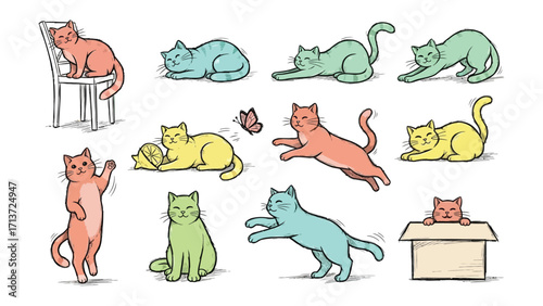 Playful feline illustrations: A collection of vibrant cartoon cats in various poses. Each cat is rendered in a different color and engaging poses.