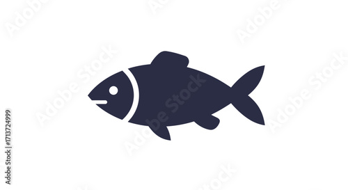 A simple, dark blue fish icon silhouette with fins and gills, isolated on a clean white background.