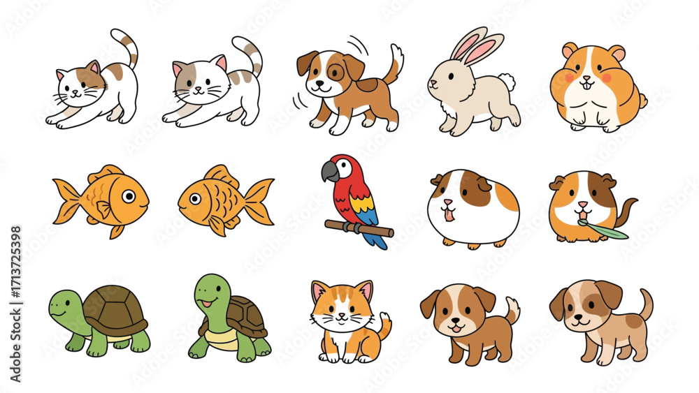 Obraz premium Joyful Companion Collection: A delightful ensemble of illustrated pets. From playful puppies to cuddly kittens, these charming creatures embody the warmth and unconditional love of the family.