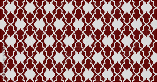 Red and white repeating pattern with vintage decorative elements.