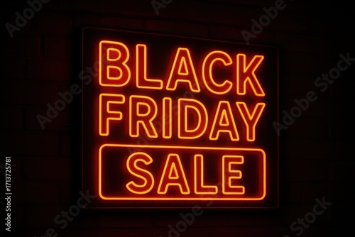 Black Friday sale signboard with glowing neon style letters in red and blue on dark brick wall background, modern commercial advertising design for seasonal promotions and retail campaigns