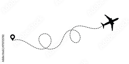 Airplane line path icon of air plane flight route dash line trace with start point. Simple airplane travel line path with map pins. Plane routes dotted paths