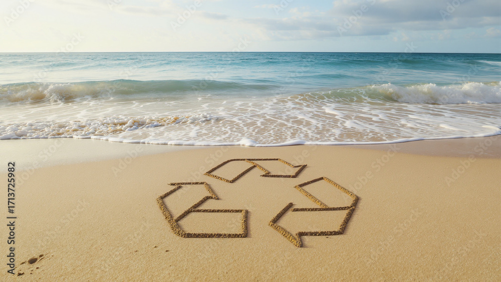 Naklejka premium Recycling symbol drawn on sandy beach near ocean waves under cloudy sky, inspiring environmental care and hope