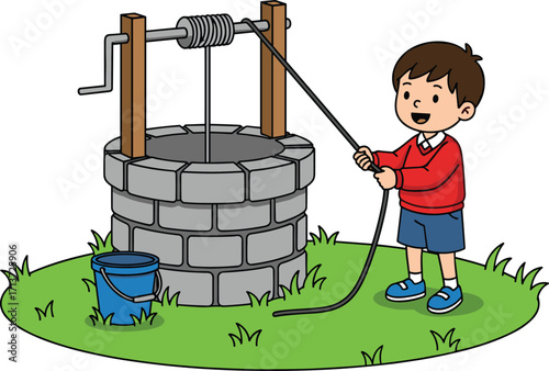 Happy boy drawing water from old stone well, child fetching water outdoors with bucket, cartoon illustration for education, storybooks, kids content