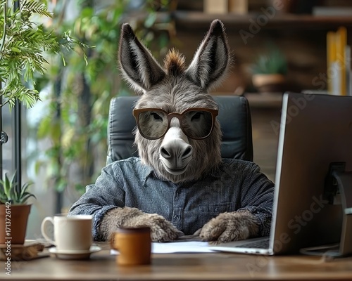 A donkey wearing sunglasses sits at a desk with a computer, coffee, and documents.  It's a humorous image
