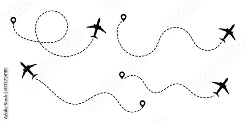 Airplane line path icon of air plane flight route dash line trace with start point. Simple airplane travel line path with map pins. Plane routes dotted paths
