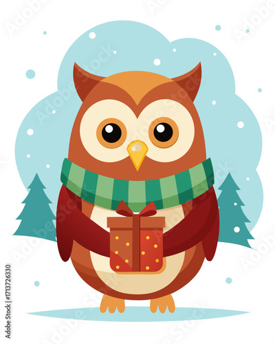 Cute owl wearing a scarf holding a gift in a snowy forest