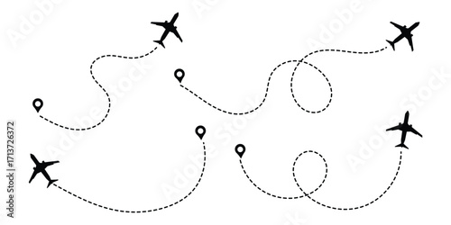Airplane line path icon of air plane flight route dash line trace with start point. Simple airplane travel line path with map pins. Plane routes dotted paths