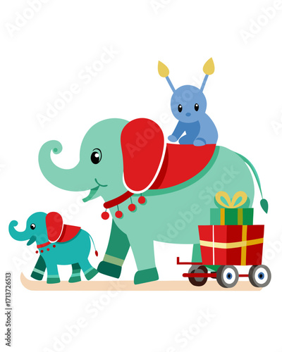 Cute cartoon elephants and blue creature with gifts