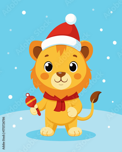 Cute cartoon lion wearing santa hat and scarf holding a rattle