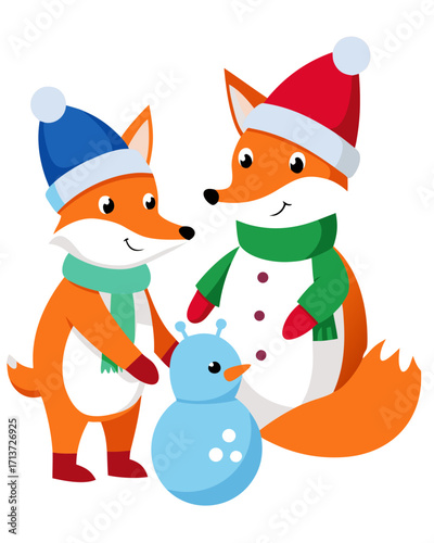 Two cute foxes building a snowman in winter