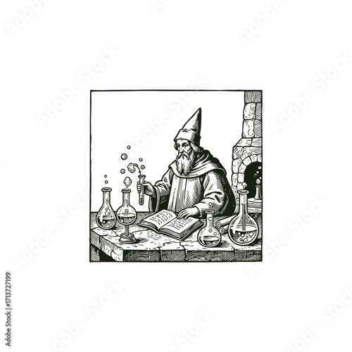 engraving style illustration featuring a medieval alchemist or wizard with a long beard and conical hat, working at a stone table