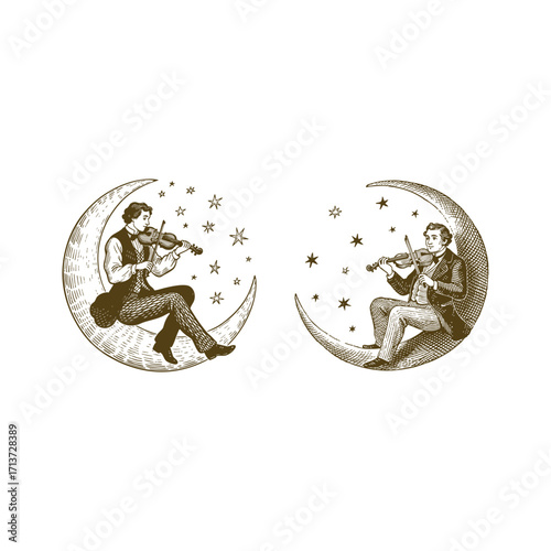 engraving style illustration featuring a man in vintage attire sitting serenely on a crescent moon and playing the violin