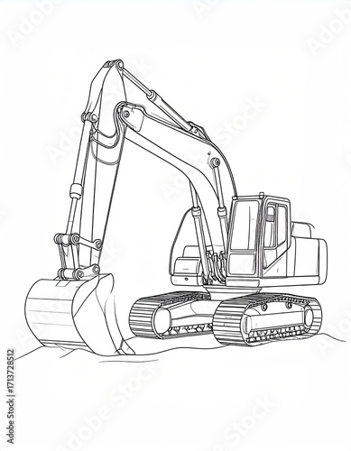Detailed Line Drawing of a Construction Excavator.