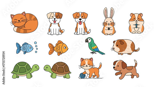 Adorable Pet Collection: An illustration showcasing a variety of cute and cuddly animals, including a charming cat, playful dog, fluffy bunny, hamster, fish, colorful parrot, adorable guinea pig.