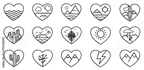 Collection of Black and White Heart Shaped Icons Featuring Natural Elements such as Mountains Water Trees and Desert Landscapes