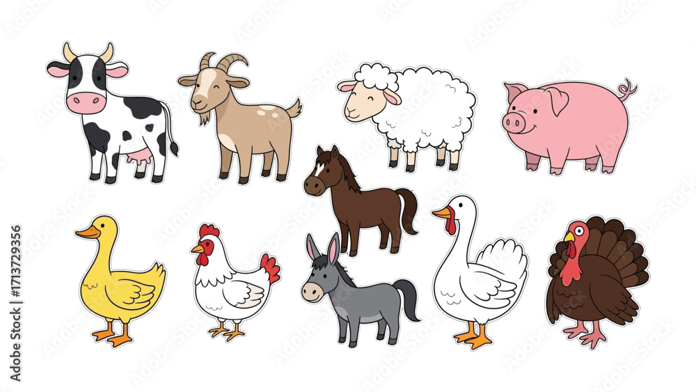 Obraz premium Farm Animals' Ensemble: A charming collection of farm animals, rendered in an adorable, cartoonish style, forms a delightful tableau, perfect for illustrating the beauty and variety of the barnyard.