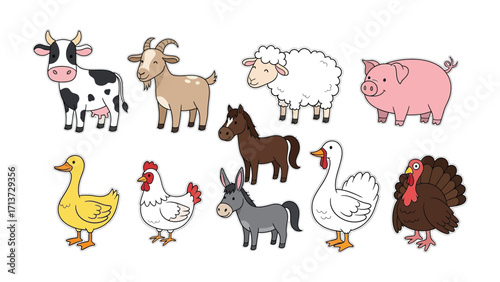 Farm Animals' Ensemble: A charming collection of farm animals, rendered in an adorable, cartoonish style, forms a delightful tableau, perfect for illustrating the beauty and variety of the barnyard.